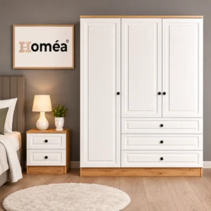 Homea 3 Kapak 3 Çekmeceli Gardırop - Safir Meşe / Beyaz - 150x52x182 cm