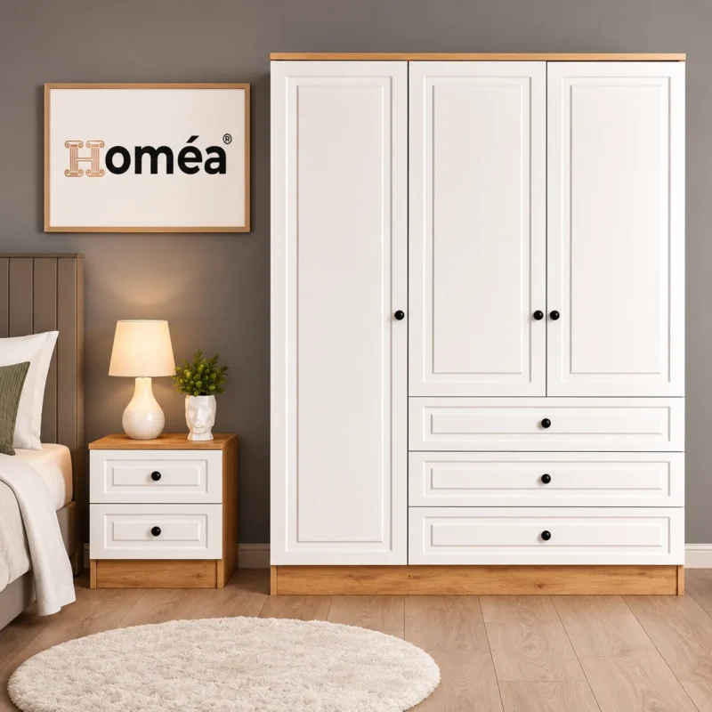 Homea 3 Kapak 3 Çekmeceli Gardırop – Safir Meşe / Beyaz – 150x52x182 cm