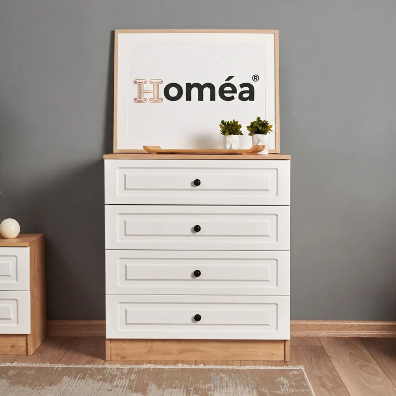 Homea 4 Çekmeceli Şifonyer – Meşe-Beyaz – 81x49x90 cm