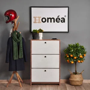 Homea 3 Bölmeli Düşer Kapaklı Kayar Raflı Ayakkabılık Çam-Beyaz 70x26x110 cm