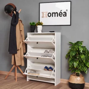 Homea 3 Bölmeli Düşer Kapaklı Kayar Raflı Ayakkabılık Beyaz- 70x26x110 cm